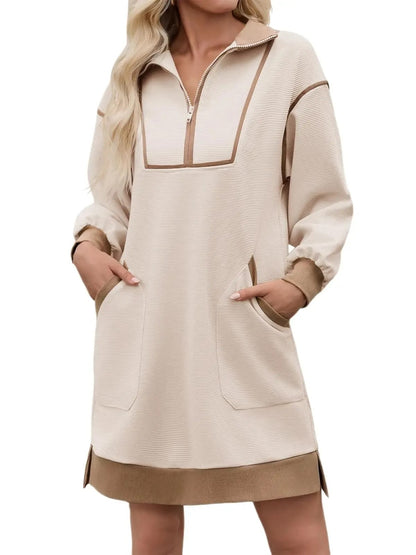 Women's Half Zip Contrast Trim Pocket Dress