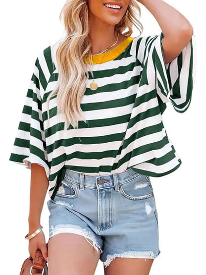 Women's Casual Striped Round Neck Loose Short Sleeve T-Shirt
