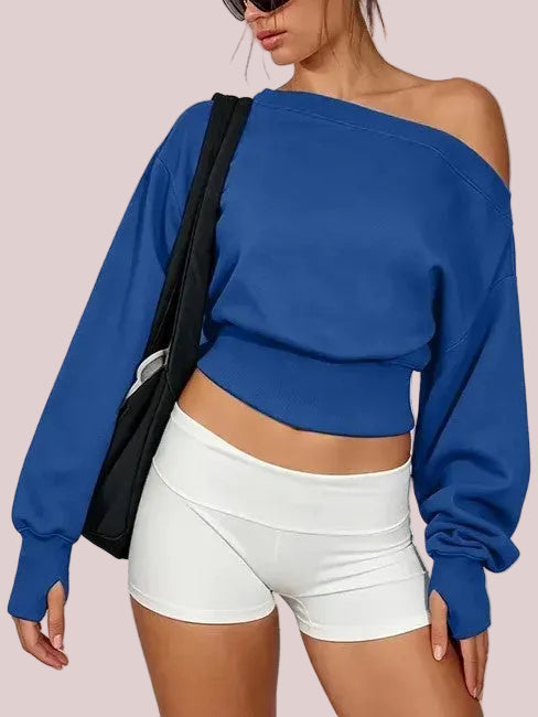 Women's Off Shoulder Cropped Sweatshirt with Thumb Holes
