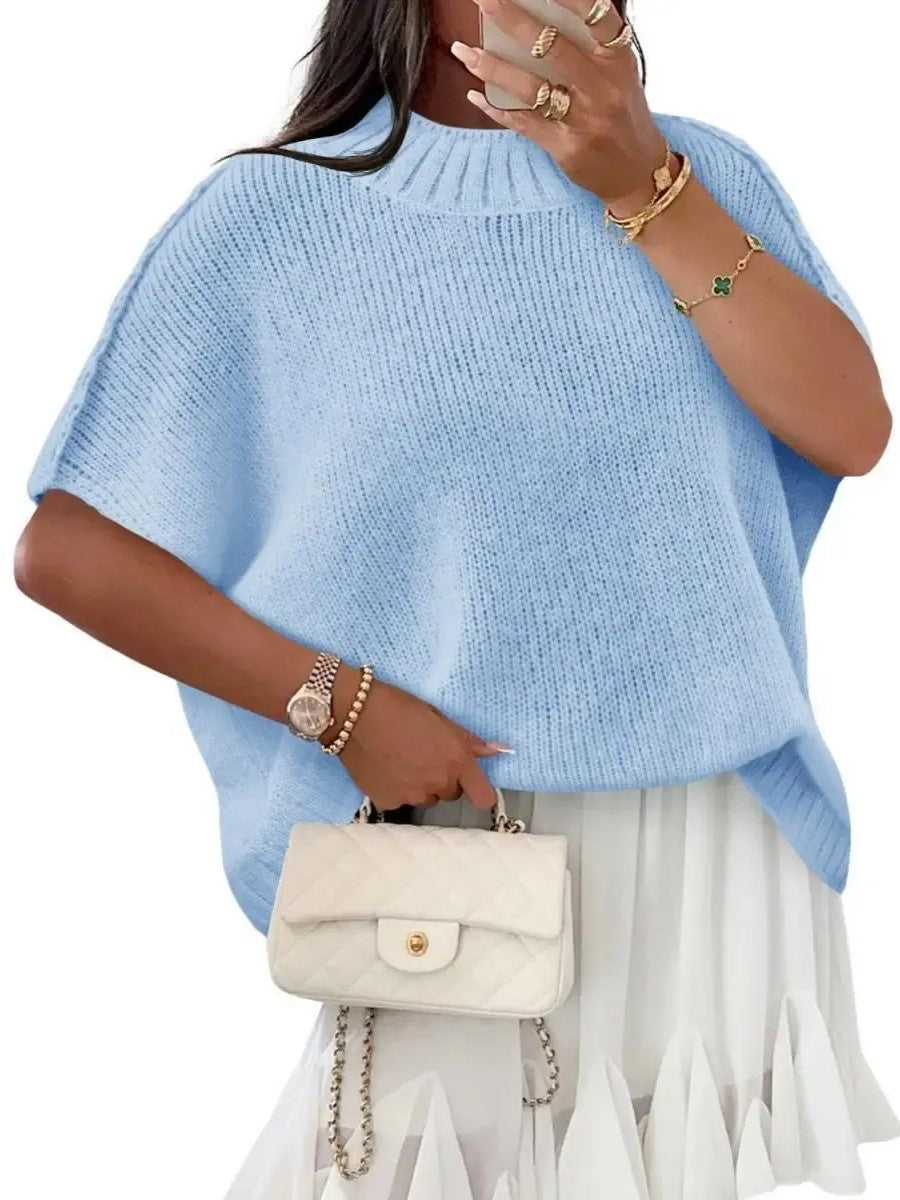 Women's Mock‑Neck Batwing Short‑Sleeve Knit Top