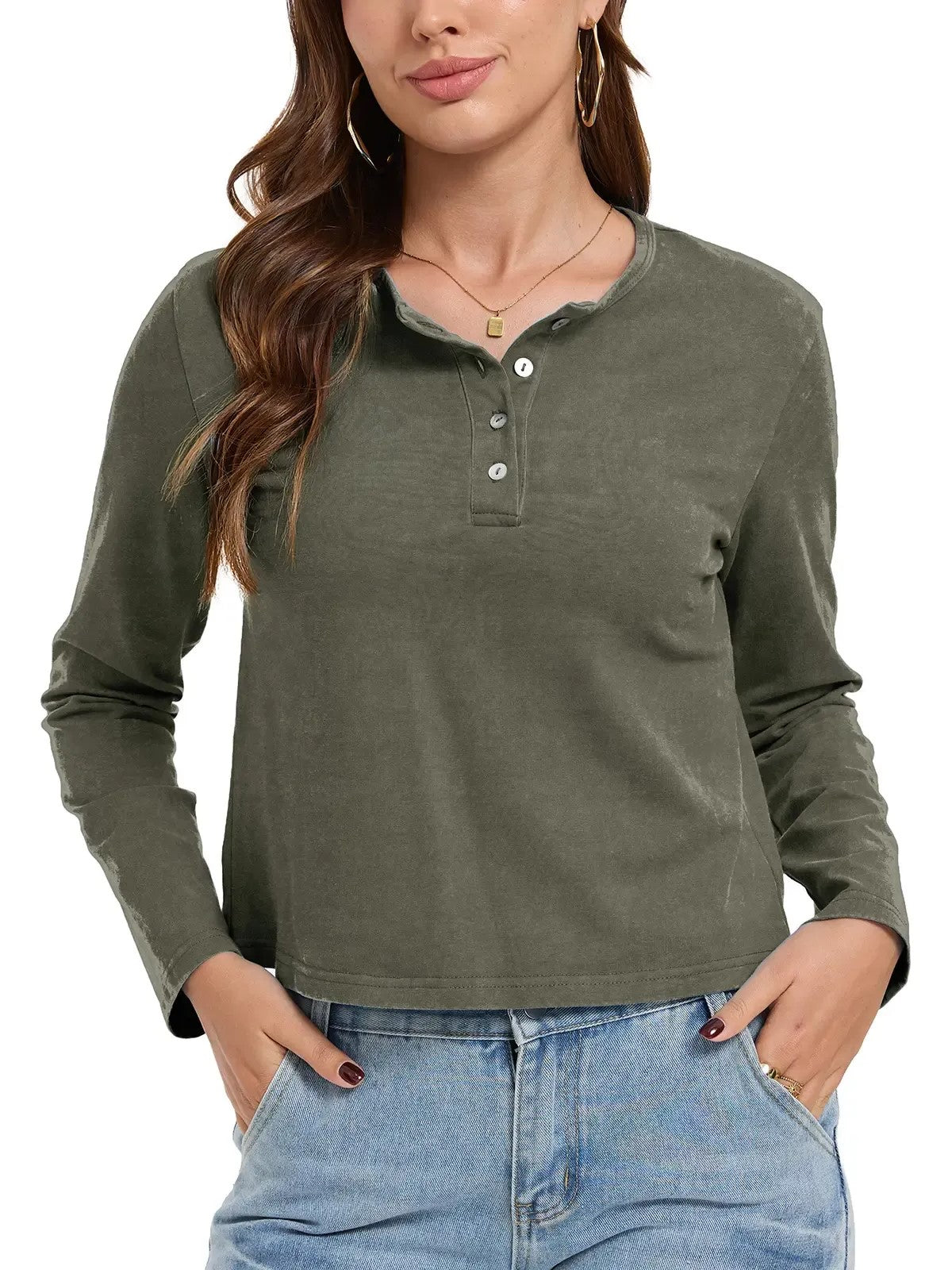 Women's Henley Neck Long Sleeve Cropped Top