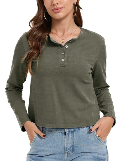Women's Henley Neck Long Sleeve Cropped Top