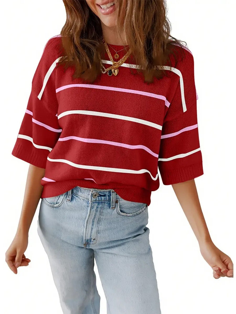 Women's Casual Half Sleeve Striped Knit Shirt