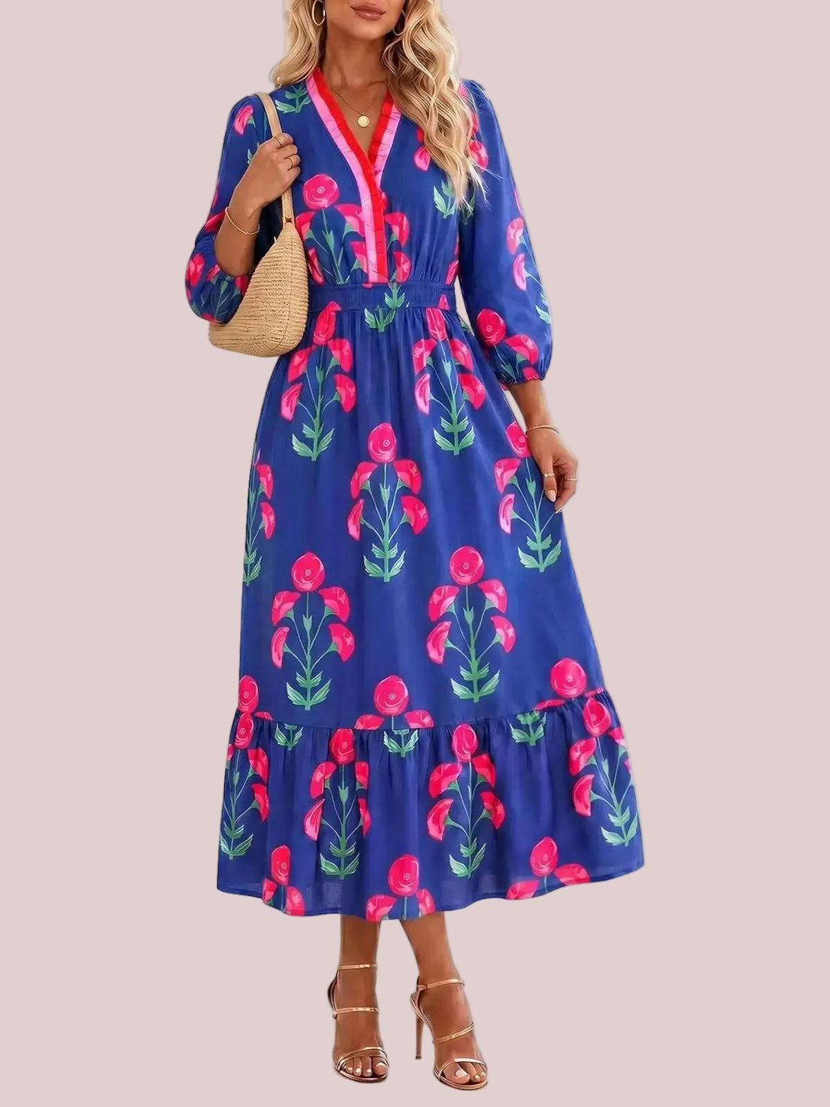 Women's Bohemian Floral Printed Tiered Midi Dress with Elastic Waist