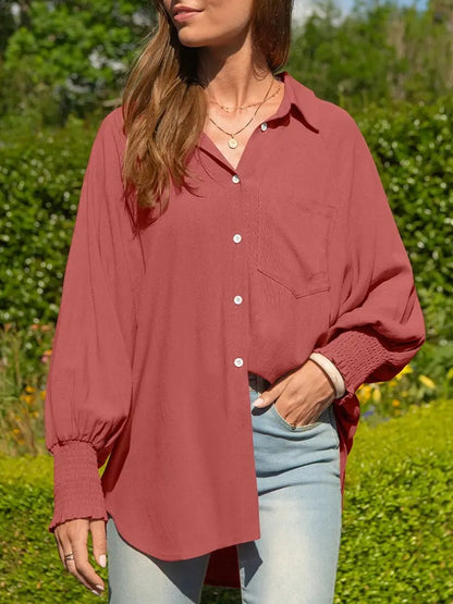 Women's Oversized Smocked‑Cuff Button‑Down Shirt