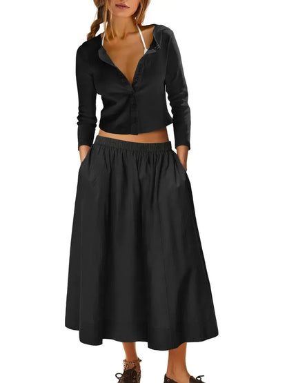 Women's Long Sleeve Crop Top Flowy Midi Skirt Two‑Piece Outfit