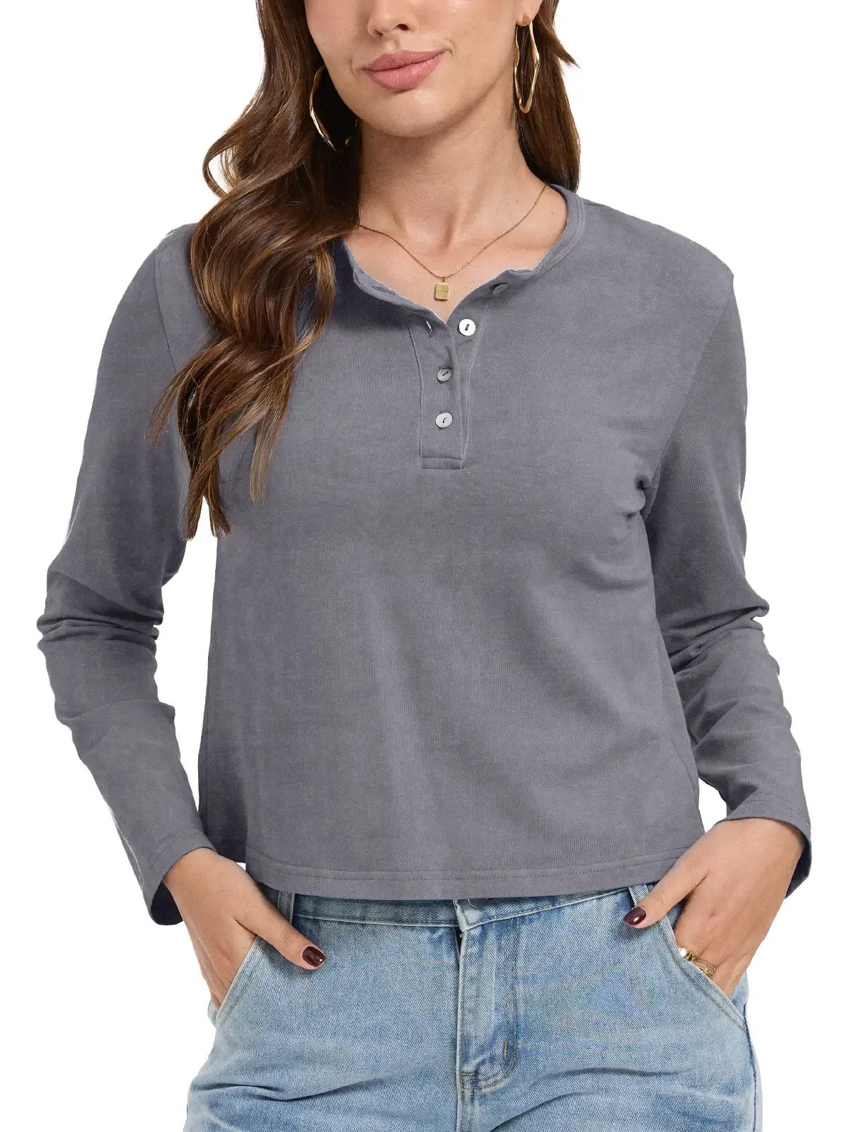 Women's Henley Neck Long Sleeve Cropped Top