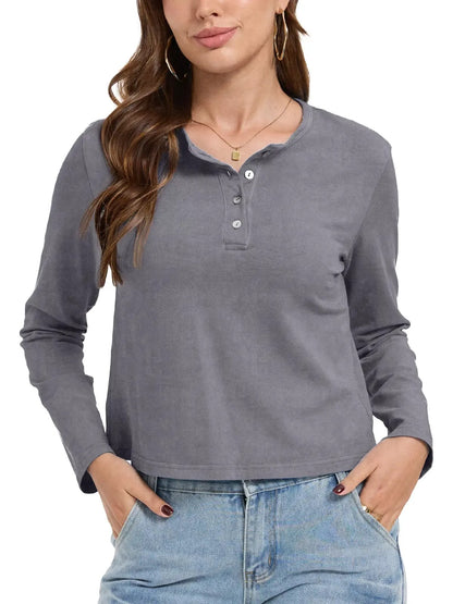 Women's Henley Neck Long Sleeve Cropped Top