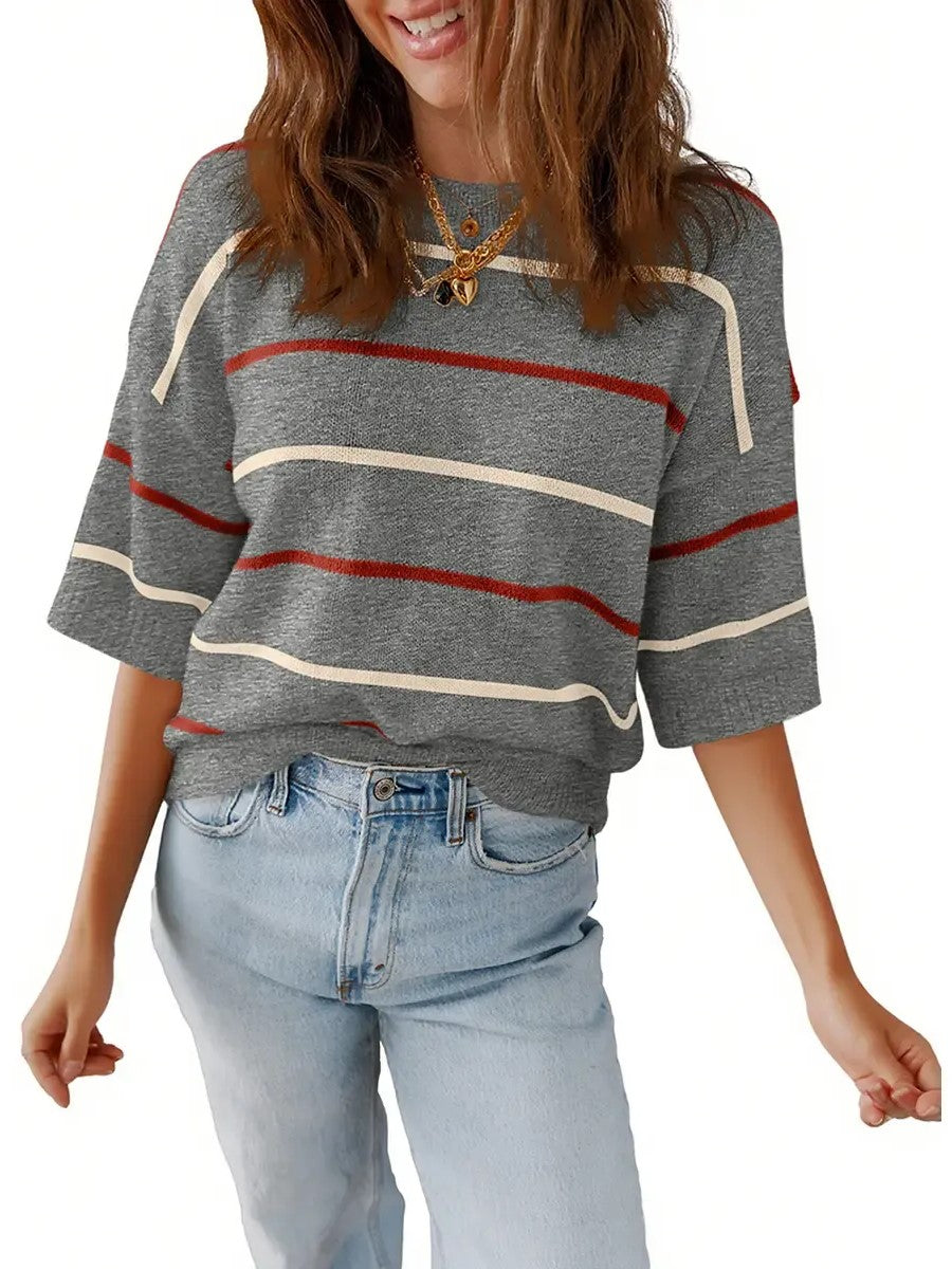 Women's Casual Half Sleeve Striped Knit Shirt