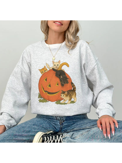 Women's Vintage Halloween Kitten Pumpkin Casual Pullover