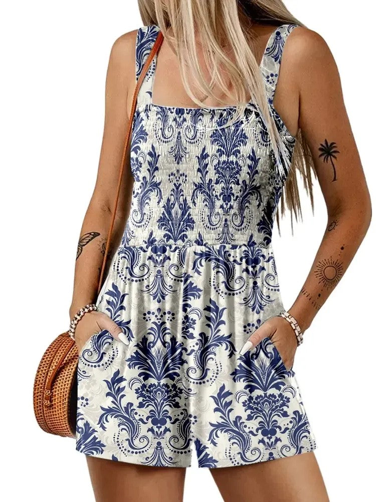 Women's Sleeveless Loose Floral Print Romper with Pockets