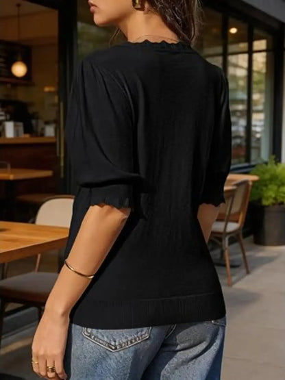 Women's Versatile Puff Sleeve Ruffle Trim Knit Blouse