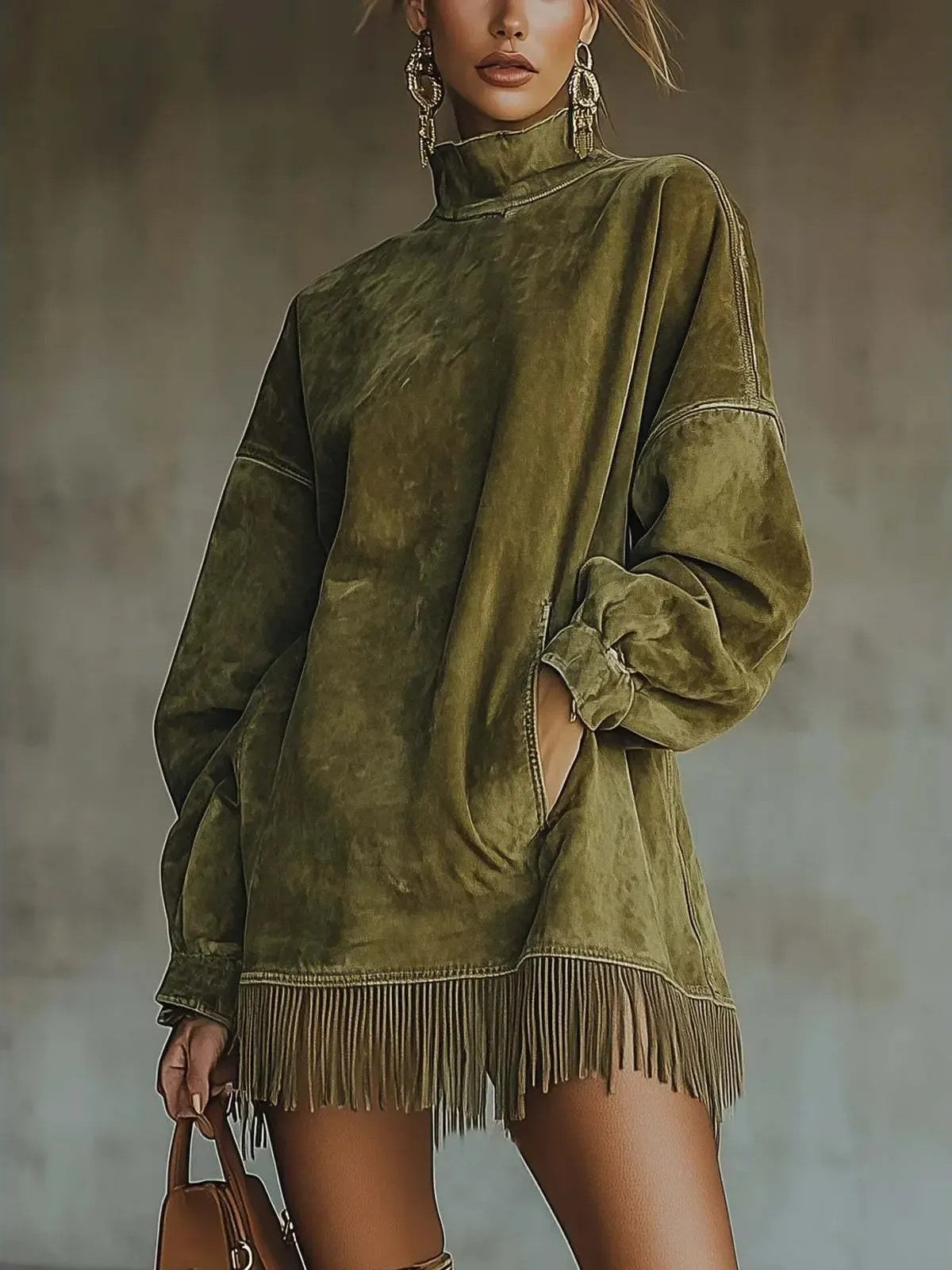 Women's High Neck Fringe Trim Dress