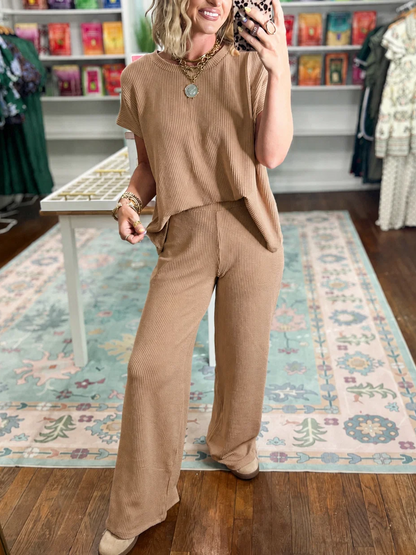 Women's Ribbed Short‑Sleeve Top & Wide Leg Pants Set