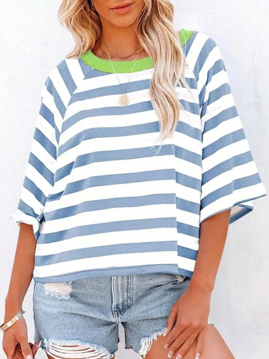 Women's Casual Striped Round Neck Loose Short Sleeve T-Shirt