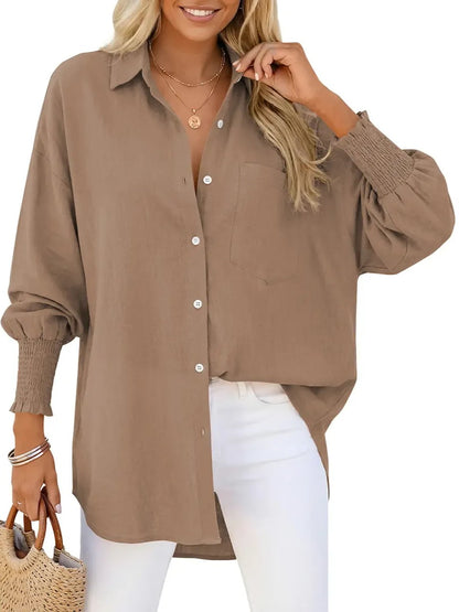 Women's Oversized Smocked‑Cuff Button‑Down Shirt