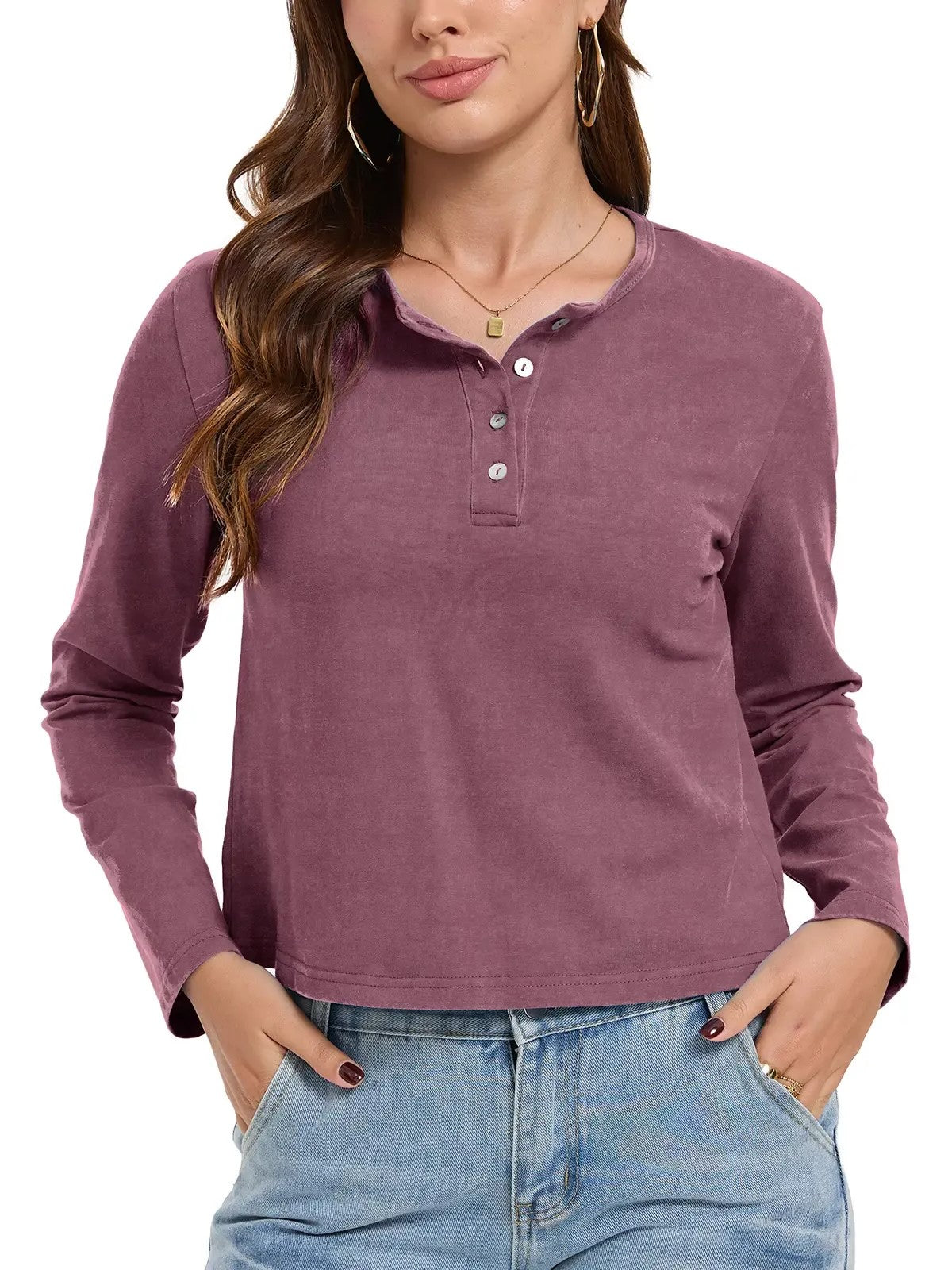 Women's Henley Neck Long Sleeve Cropped Top