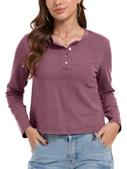 Women's Henley Neck Long Sleeve Cropped Top