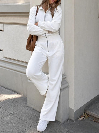 Women's Smocked Waist Zip Front Jumpsuit