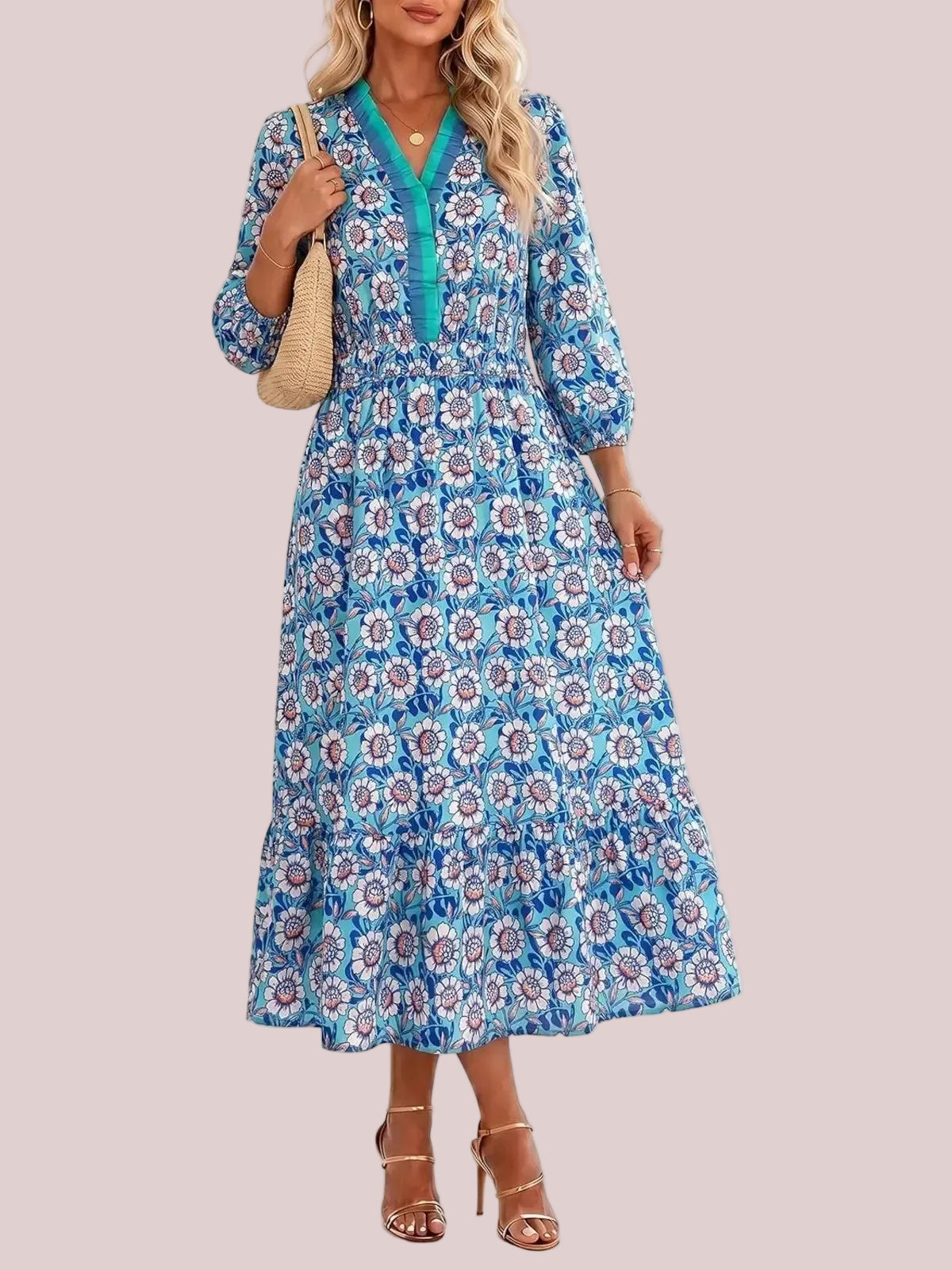 Women's Bohemian Floral Printed Tiered Midi Dress with Elastic Waist