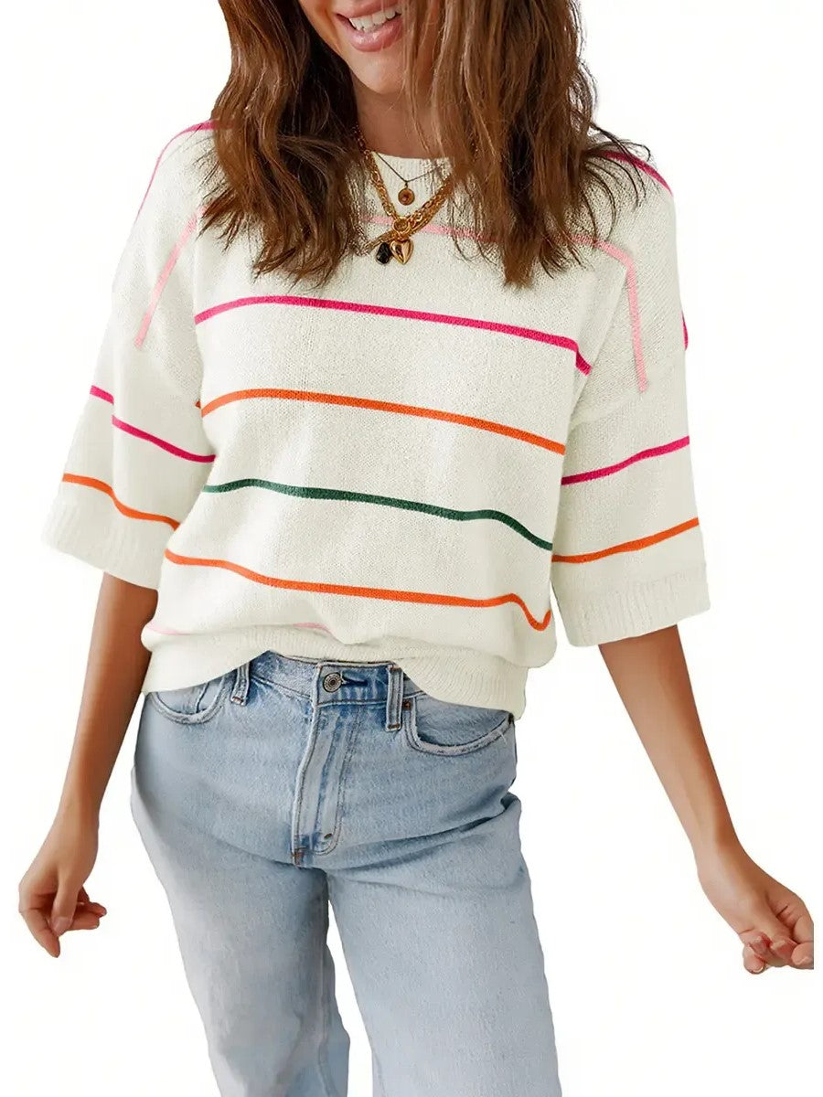 Women's Casual Half Sleeve Striped Knit Shirt