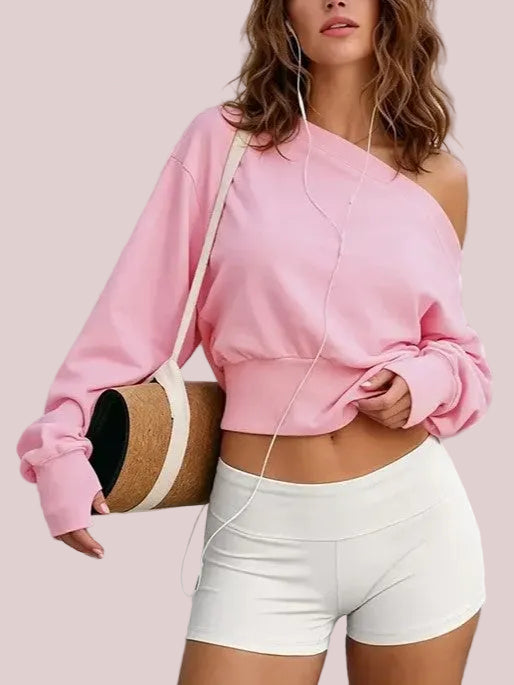 Women's Off Shoulder Cropped Sweatshirt with Thumb Holes