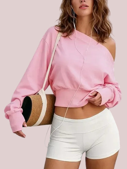 Women's Off Shoulder Cropped Sweatshirt with Thumb Holes