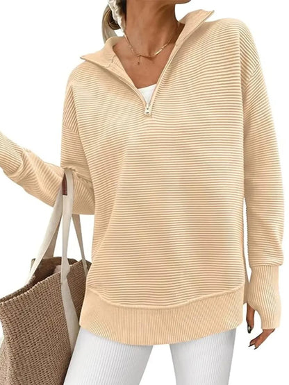 Women's Textured Half‑Zip Collared Top With Thumb Holes