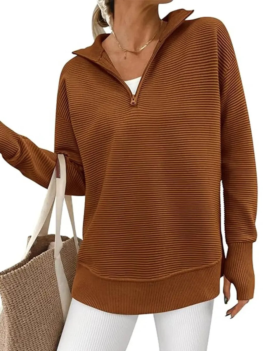 Women's Textured Half‑Zip Collared Top With Thumb Holes