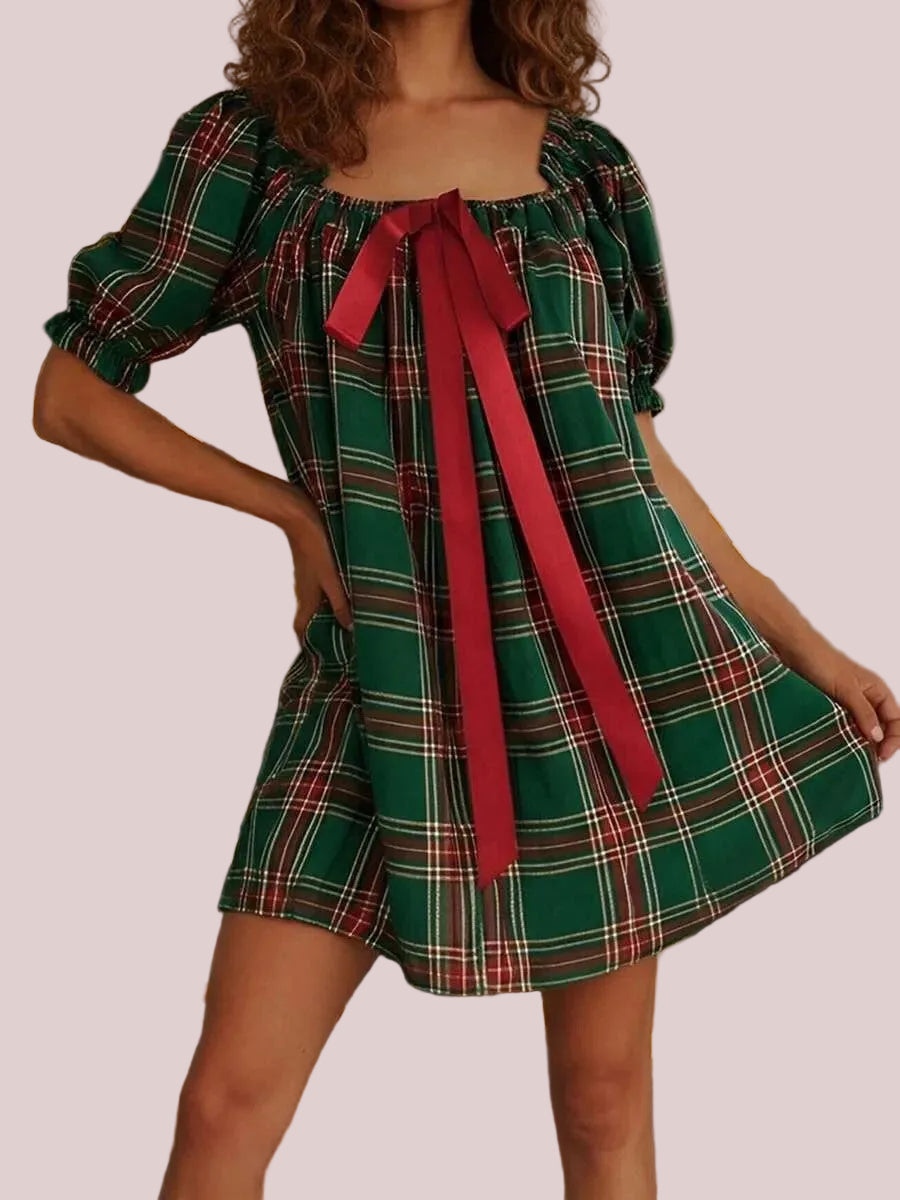 Women's Gingham Square Neck Bow Puff Sleeve Mini Dress