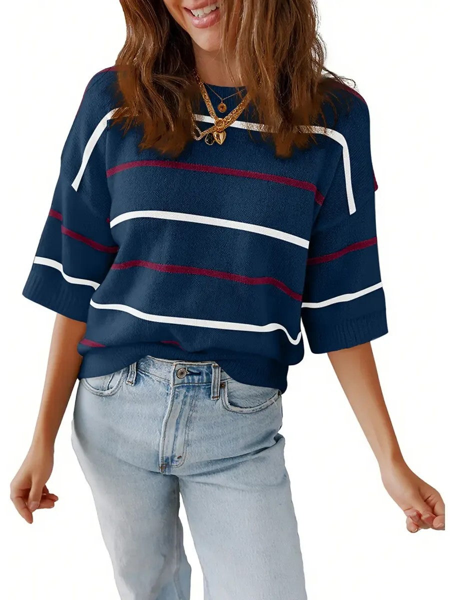 Women's Casual Half Sleeve Striped Knit Shirt