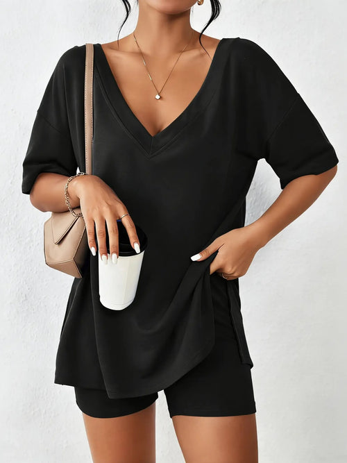 Women's Oversized V Neck Short Sleeve Two Piece Short Set