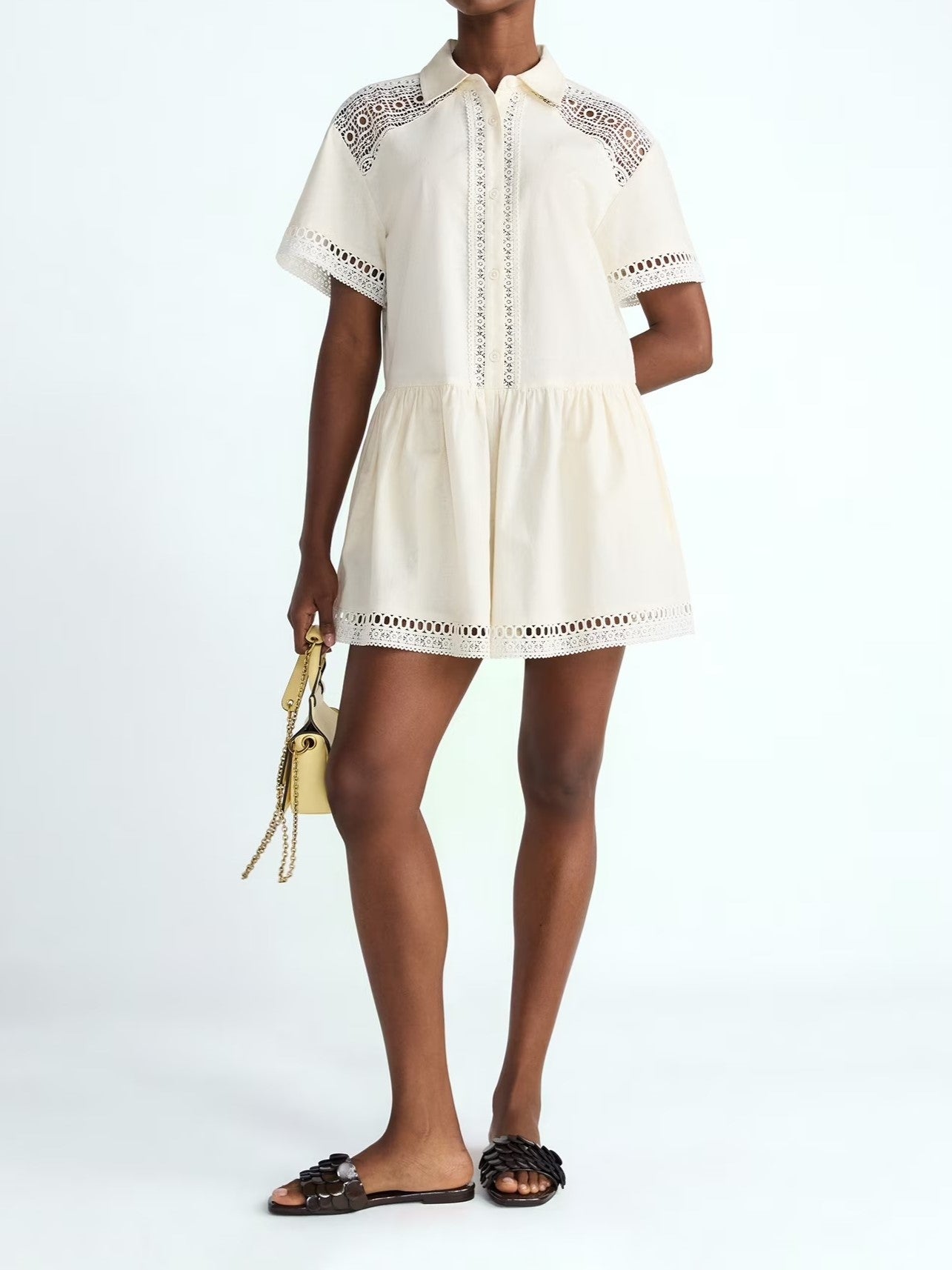 Women's Lace Panel Shirt Collar Romper