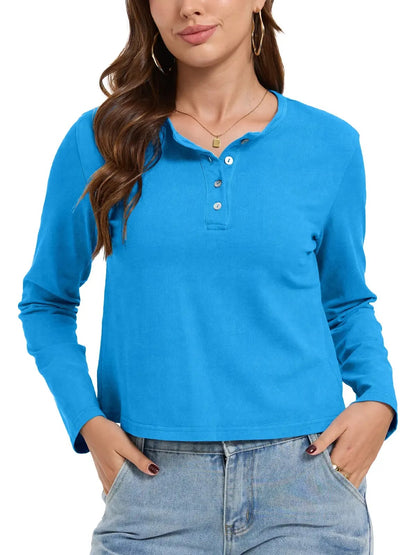 Women's Henley Neck Long Sleeve Cropped Top