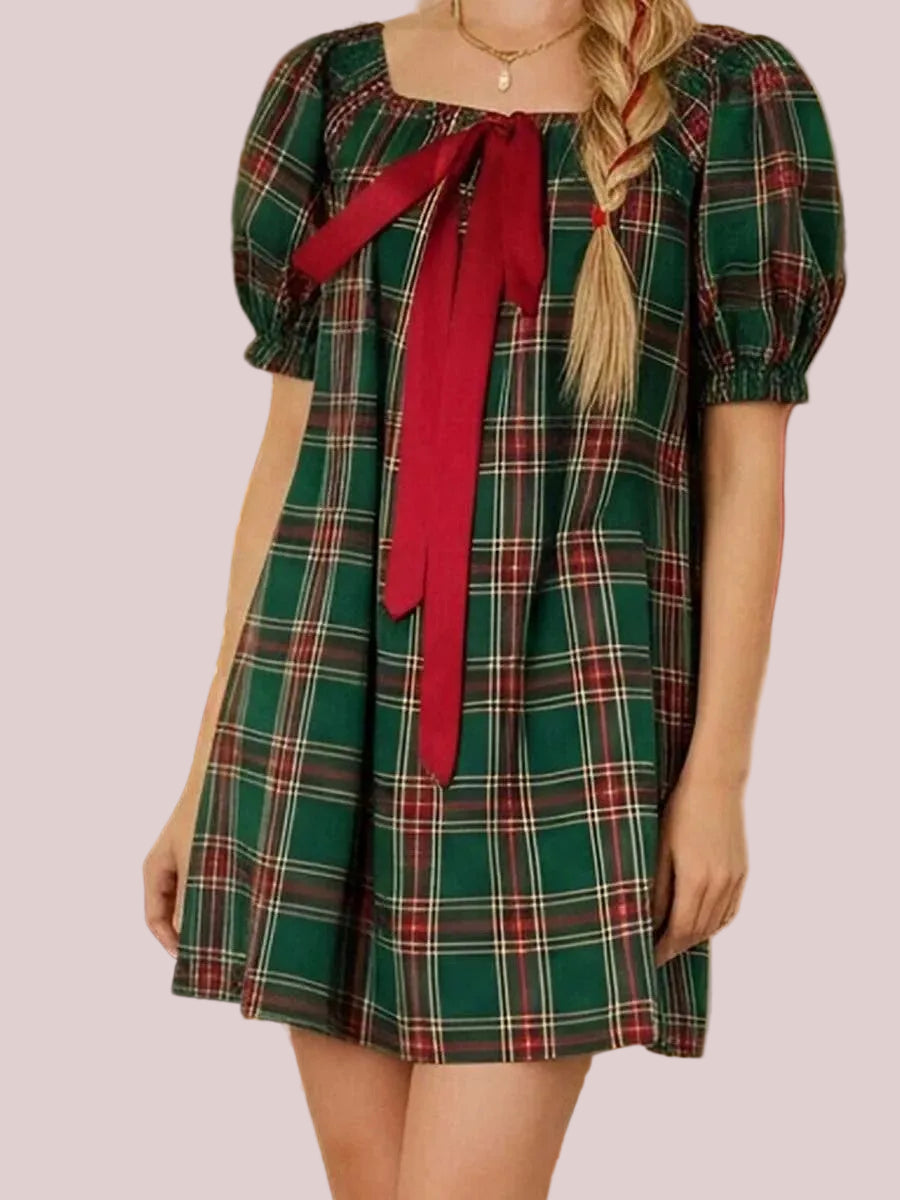 Women's Gingham Square Neck Bow Puff Sleeve Mini Dress