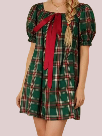 Women's Gingham Square Neck Bow Puff Sleeve Mini Dress