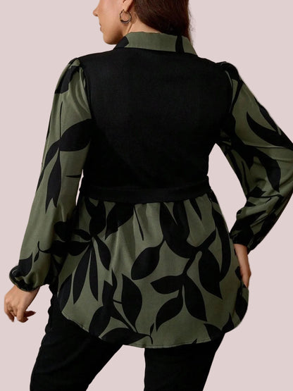 Women's Curvy Fit Long Sleeve Button Front Printed Blouse
