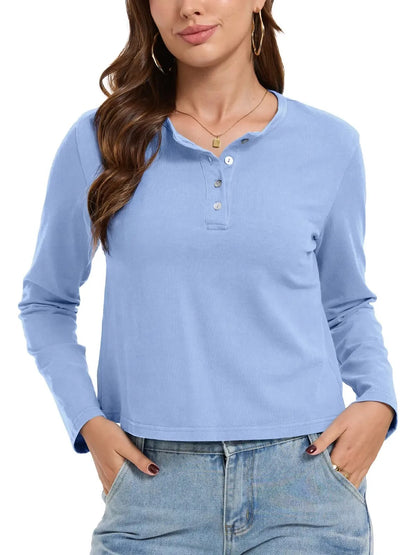 Women's Henley Neck Long Sleeve Cropped Top
