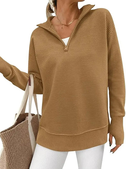 Women's Textured Half‑Zip Collared Top With Thumb Holes