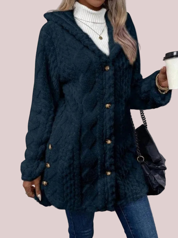 Women's Fuzzy Teddy Hooded Coat with Side Decor Buttons