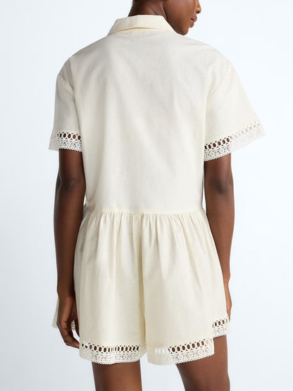 Women's Lace Panel Shirt Collar Romper