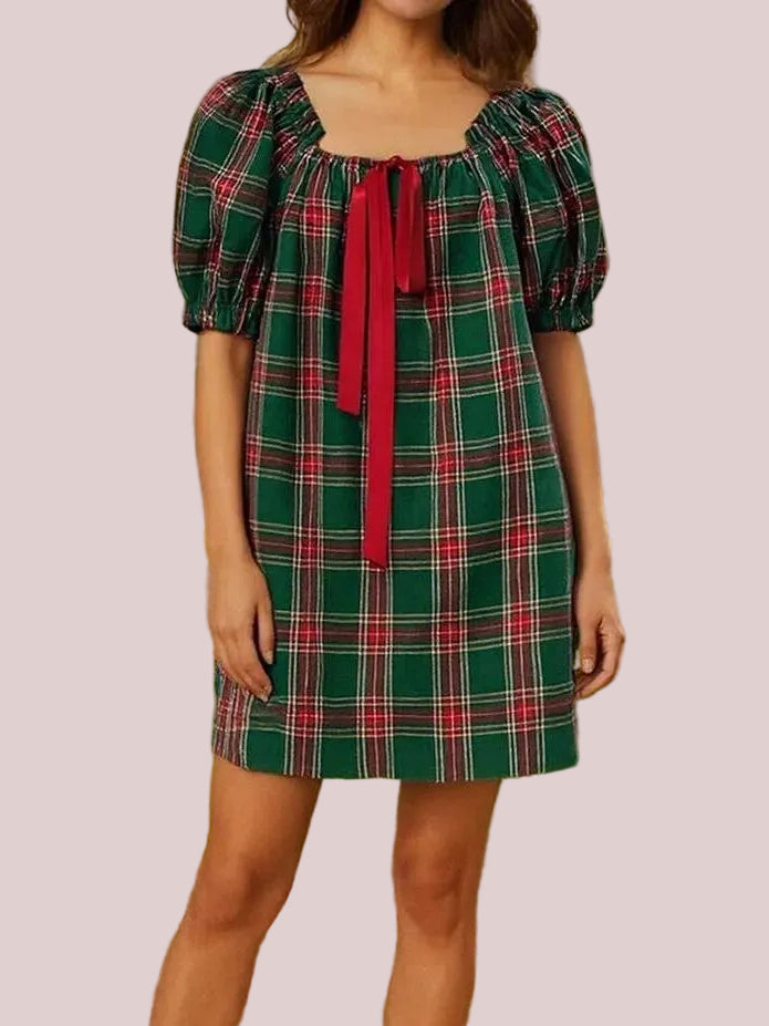 Women's Gingham Square Neck Bow Puff Sleeve Mini Dress