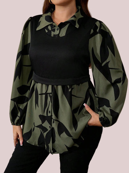 Women's Curvy Fit Long Sleeve Button Front Printed Blouse