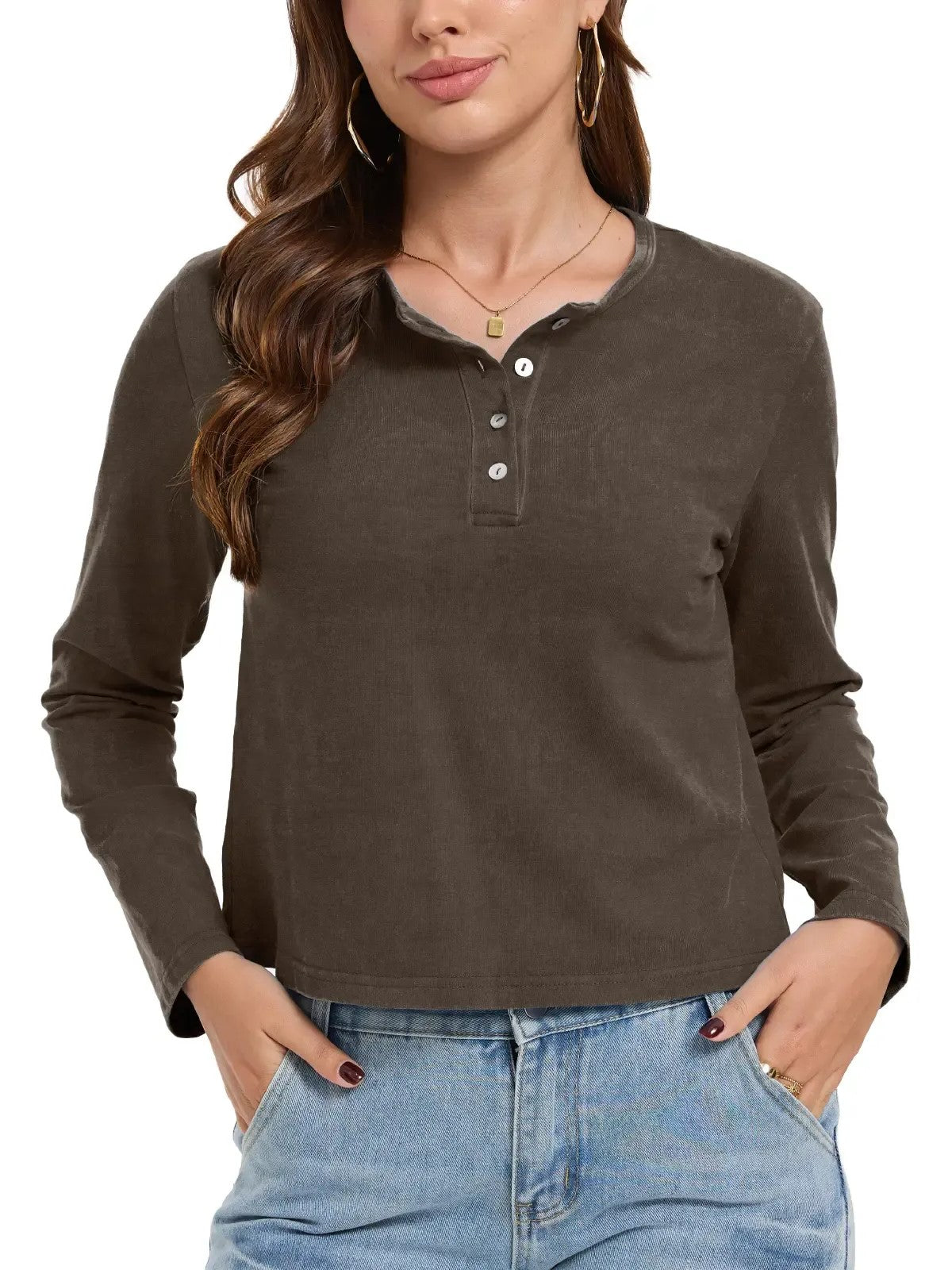 Women's Henley Neck Long Sleeve Cropped Top