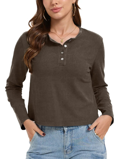 Women's Henley Neck Long Sleeve Cropped Top