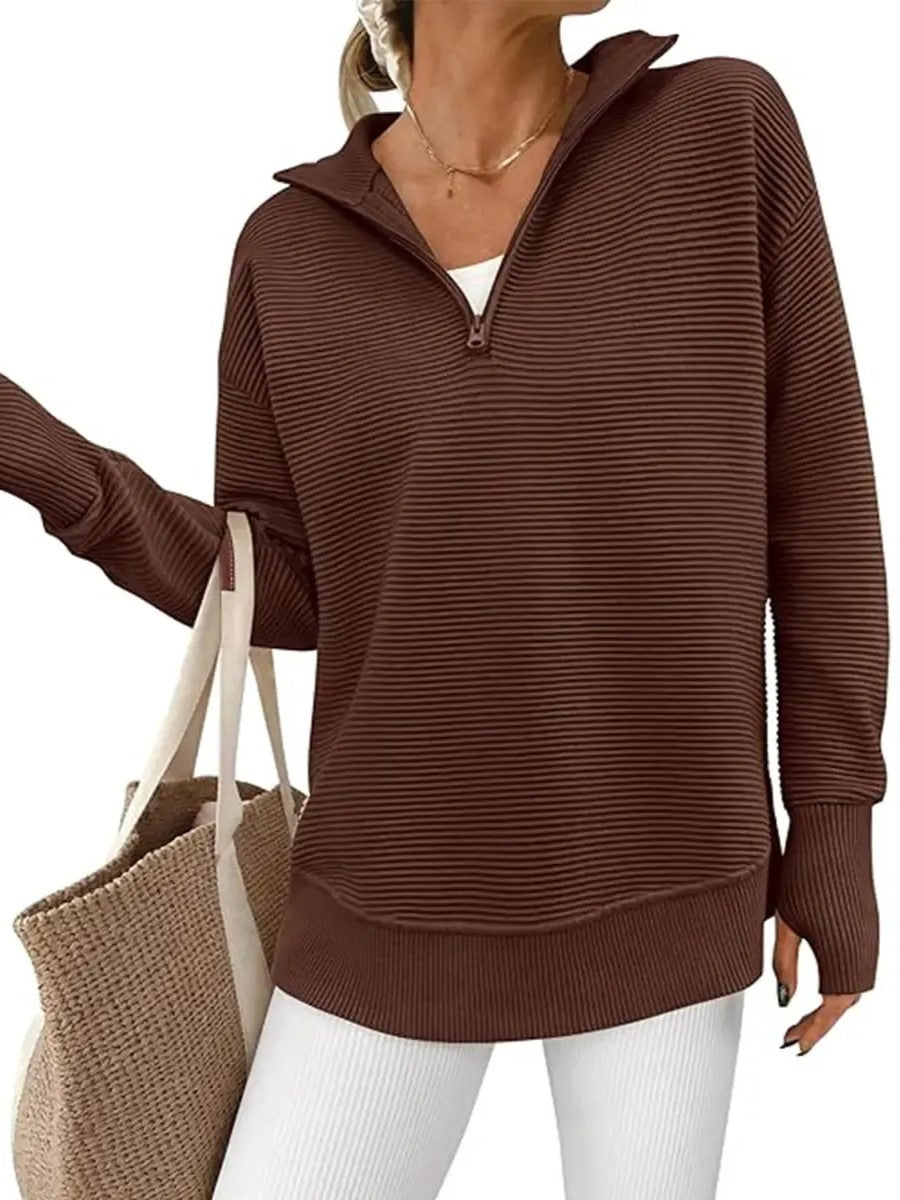Women's Textured Half‑Zip Collared Top With Thumb Holes