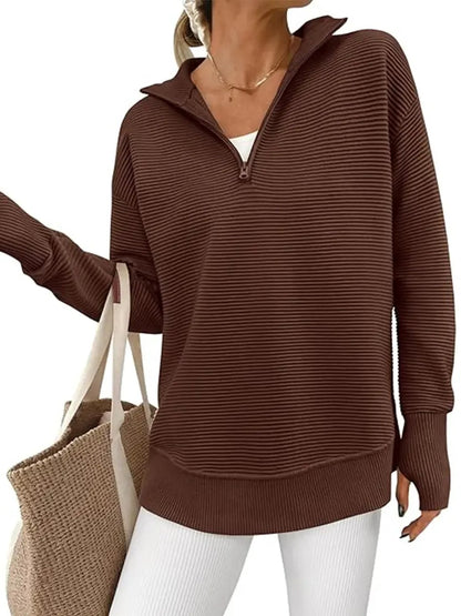 Women's Textured Half‑Zip Collared Top With Thumb Holes