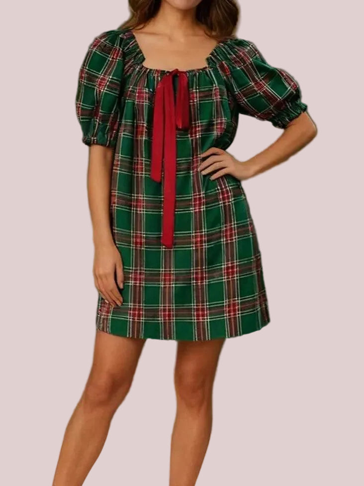 Women's Gingham Square Neck Bow Puff Sleeve Mini Dress