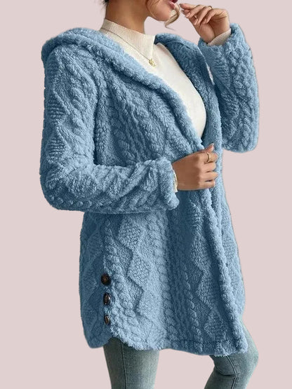 Women's Fuzzy Teddy Hooded Coat with Side Decor Buttons