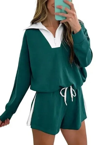 Women's Contrast Trim Polo Loungewear Short Set